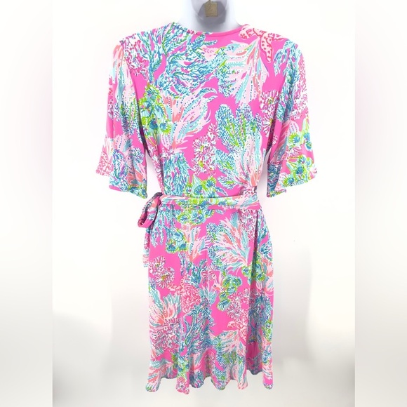 Lilly Pulitzer Isella Wrap Dress Womens Size S Prosecco Pink Seaing Things Print - Picture 6 of 13